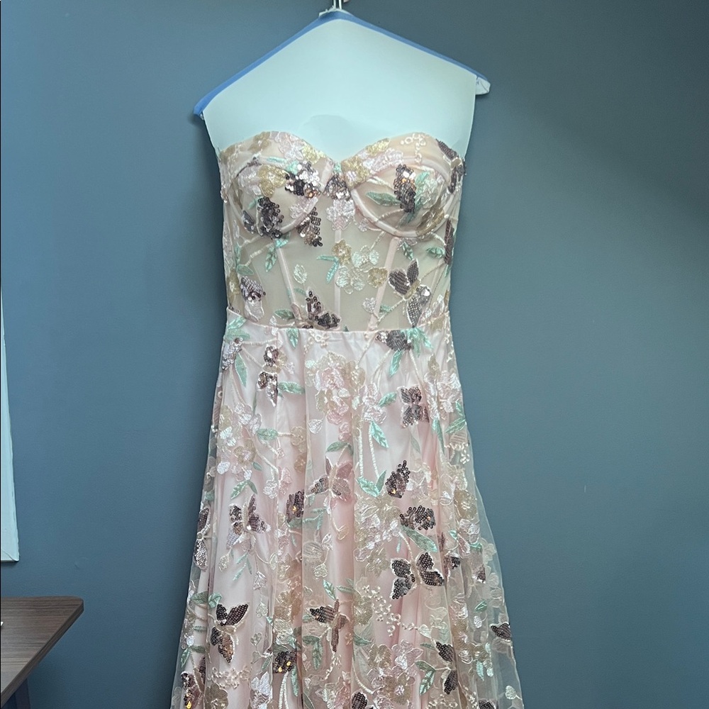 Strapless Sequin Floral Gown